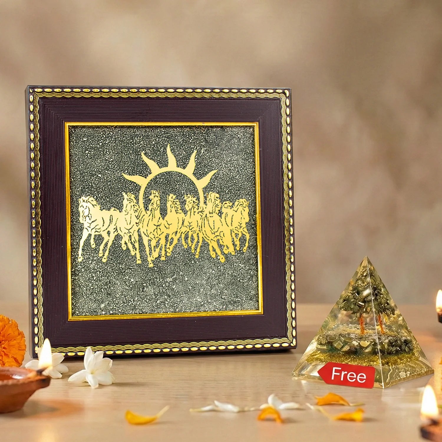 7 Horses on Raw Pyrite Frame with FREE Shree Yantra (6*6 inch)