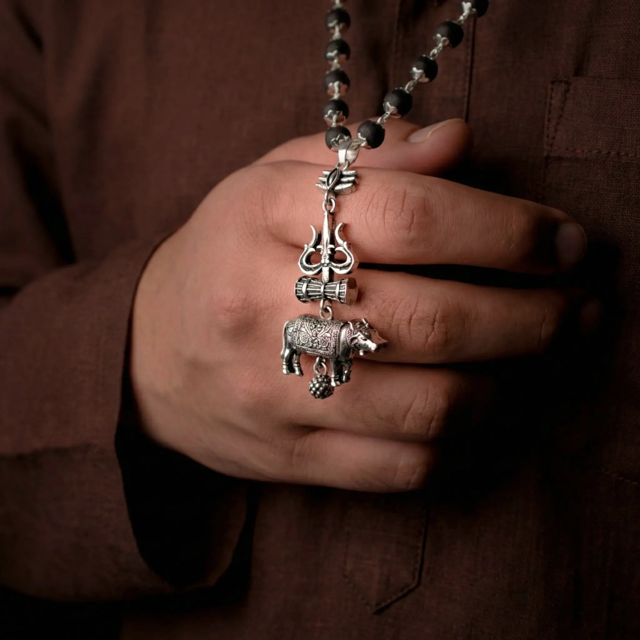 Shiv Raksha Karungali Mala with Trishul Nandi Pendant